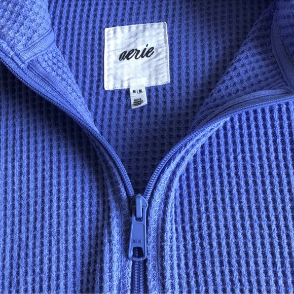 Aerie Cozy Up Waffle Quarter Zip Sweater Pullover Medium Blue Periwinkle - Picture 4 of 9